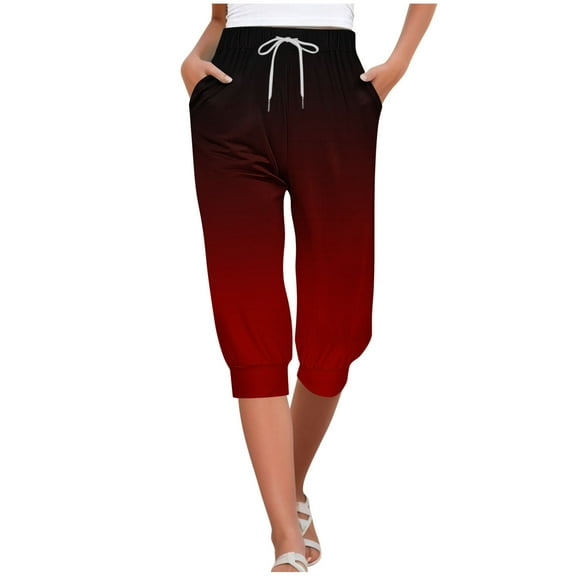 TFEOQRY Capris Pants for Women Gradient Printed Drawstring Cropped Pants with Pockets Elastic Waisted Trousers Red