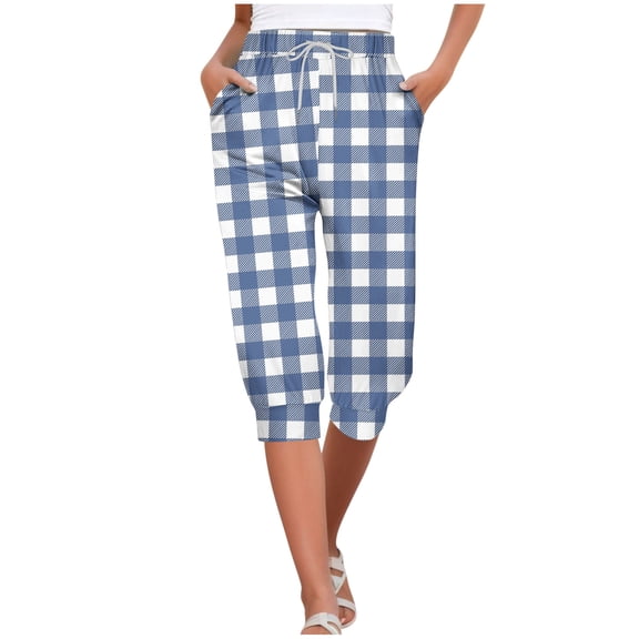TFEOQRY Capris Pants for Women Grid Printed Drawstring Tied Cropped Pants with Pockets Elastic Waisted Trousers Blue