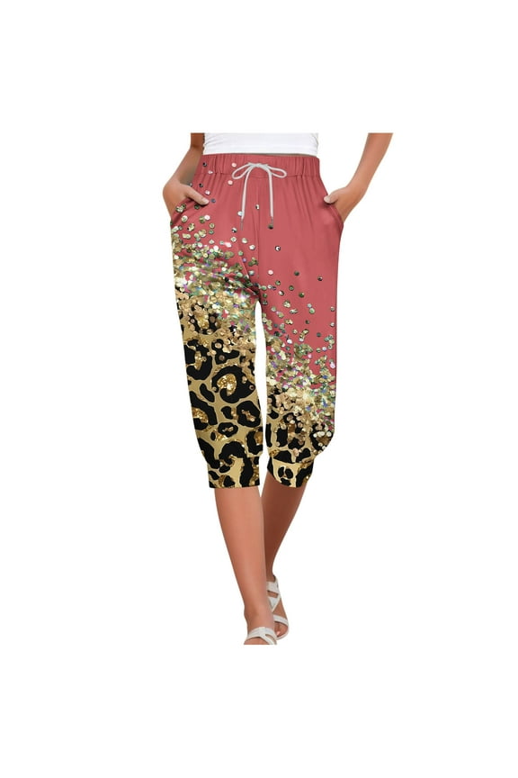 Capris Pants for Women Leopard Print Drawstring Tied Cropped Pants with Pockets Elastic Waisted Trousers Red