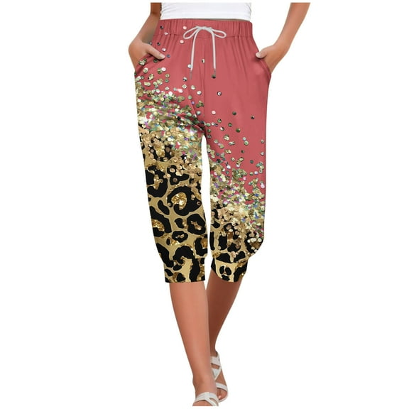 TFEOQRY Capris Pants for Women Leopard Print Drawstring Tied Cropped Pants with Pockets Elastic Waisted Trousers Red