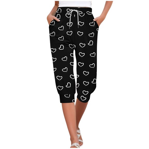 TFEOQRY Capris Pants for Women Love Print Drawstring Tied Cropped Pants Elastic Waisted Trousers Black