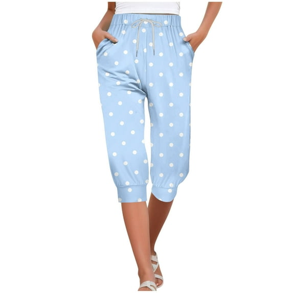 TFEOQRY Capris Pants for Women Polka Dot Printed Drawstring Tied Cropped Pants with Pockets Elastic Waisted Trousers Blue