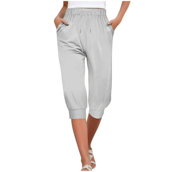TFEOQRY Capris Pants for Women Solid Color Drawstring Tied Cropped Pants with Pockets Elastic Waisted Trousers Gray