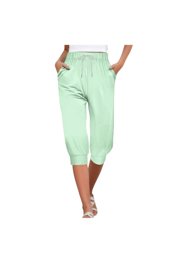Capris Pants for Women Solid Color Drawstring Tied Cropped Pants with Pockets Elastic Waisted Trousers Mint Green