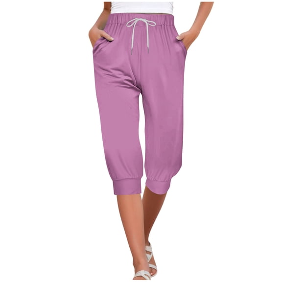 TFEOQRY Capris Pants for Women Solid Color Drawstring Tied Cropped Pants with Pockets Elastic Waisted Trousers Purple