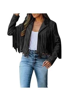 Womens black fringe jacket shop