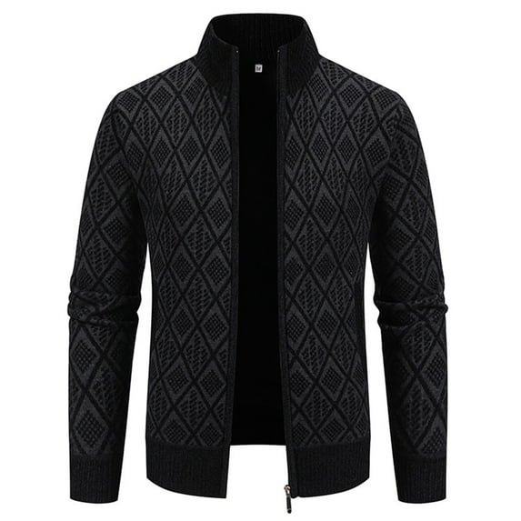 TFEOQRY Men's Full Zip Cardigan Sweater Argyle Pattern Long Sleeve Knitted Outerwear Fall Winter Warm Jacket Black