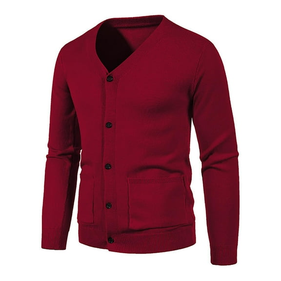 TFEOQRY Cardigan Sweater Coat for Men Solid Color Slim Fit Knitwear Long Sleeved V-Neck Sweater Top Burgundy