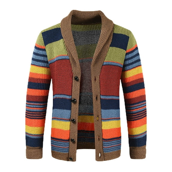 TFEOQRY Cardigan Sweater Coat for Men Striped Button Color Blocked Knitwear Long Sleeved Stand Up Collar Sweater Top Pink