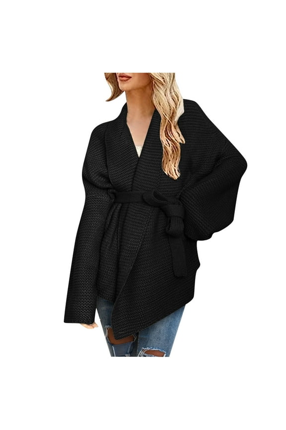 Cardigan Sweater for Women Thick Waist Cinching Knitwear with Straps Long Sleeved V-Neck Sweater Top Black