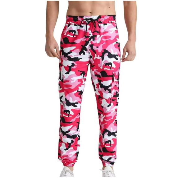 TFEOQRY Cargo Pants for Men Camouflage Casual Workwear Full Length Pants with Pockets Elastic Waisted Trousers Pink