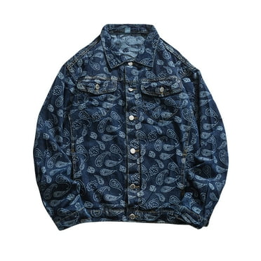 TFEOQRY Casual Jacket for Men Fashionable Printed Button Overcoat with Pockets Long Sleeve Hoodless Outwear Blue