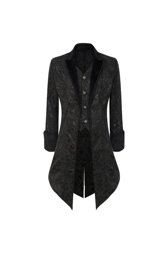 Casual Jacket for Men Gothic Steam Medieval Dark Patterned Tailcoat Long Sleeve Hoodless Outwear Black
