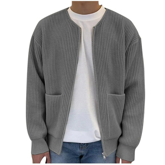 TFEOQRY Casual Jacket for Men Solid Color Knitted Cardigan Sweater Overcoat Long Sleeve Hoodless Outwear Gray