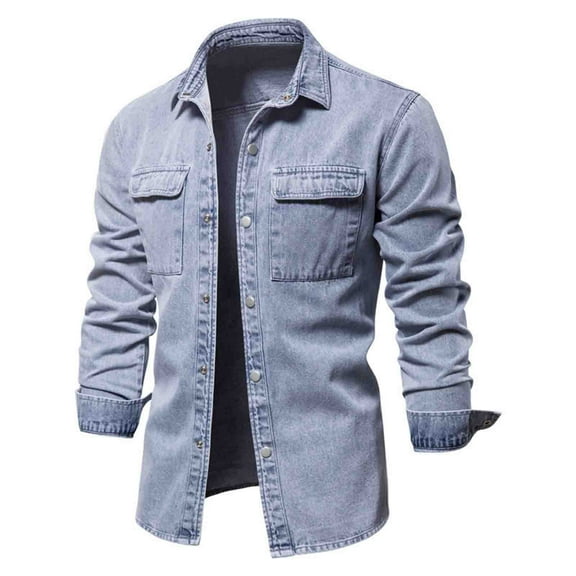 TFEOQRY Casual Jacket for Men Solid Color Trendy Denim Overcoat Long Sleeve Hoodless Outwear Blue