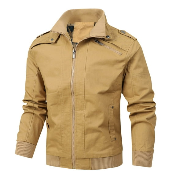 TFEOQRY Casual Jacket for Men Solid Color Zipper Button Overcoat with Pockets Long Sleeve Hoodless Outwear Khaki