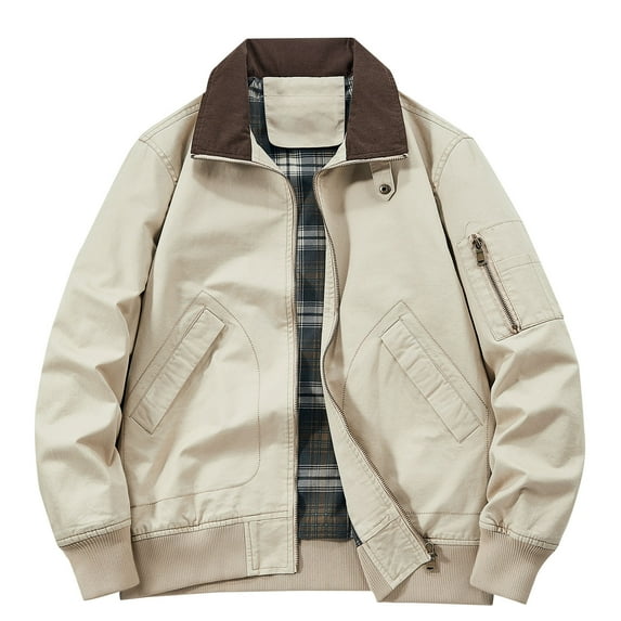 TFEOQRY Casual Jacket for Men Zipper Overcoat with Pockets Long Sleeve Hoodless Outwear Beige