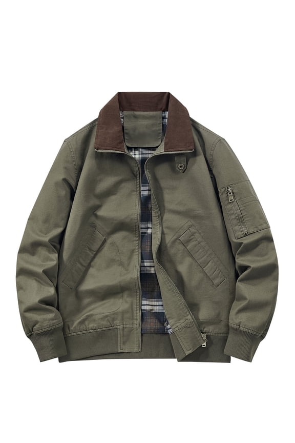 Casual Jacket for Men Zipper Overcoat with Pockets Long Sleeve Hoodless Outwear Olive Green