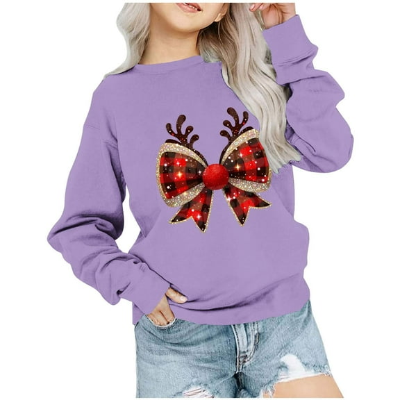 TFEOQRY Children Boys and Girls Long Sleeve Hoodless Christmas Sweatshirts Casual Christmas Printed Sweatshirt Purple
