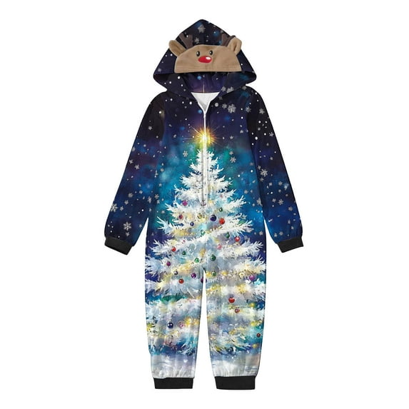 TFEOQRY Children Christmas Pajamas for Family Cute Christmas Tree Printed Sleep Jumpsuit Long Sleeved Hooded Onesie Pajamas Multicolor(Kid)