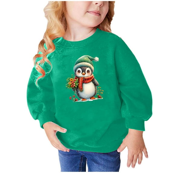 TFEOQRY Children Christmas Sweatshirts for Girls and Boys Sweatshirt Penguin Christmas Hat Printing Long Sleeve Hoodless Sweatshirt Green