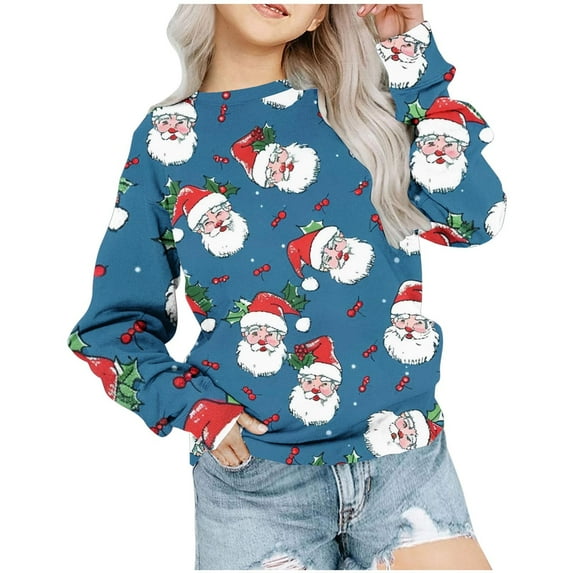 TFEOQRY Children Christmas Sweatshirts for Girls and Boys Sweatshirt Round Neck Long Sleeve Hoodless Sweatshirt Blue