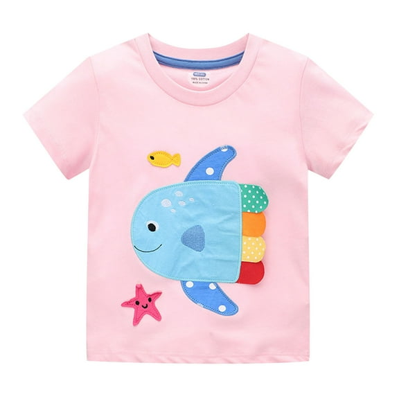 TFEOQRY Children Girls' Cotton T-Shirts Cute Fish Printed Short Sleeve Round-Neck Blouses Shirts