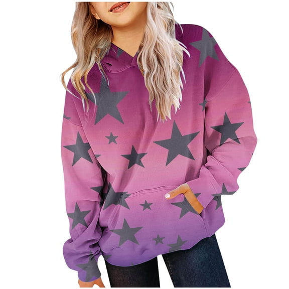 TFEOQRY Children Girls Hooded Sweatshirts Printed Shirt Long Sleeved Plush Pattern T-Shirt Round Neck Top