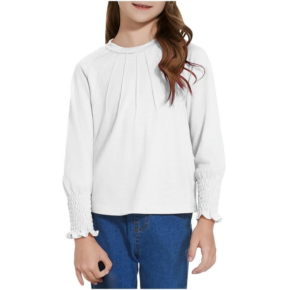 TFEOQRY Children Girls Solid Color Shirts Long Sleeve Shirts School Casual Tops Pleated Trim Crewneck Soft Dressy T-Shirt Blouses