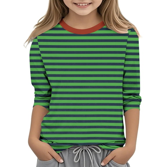 TFEOQRY Children Girls Stripe Blouses Pullover Tops Fashion Solid Color 3/4 Sleeve Round Neck Top Shirt