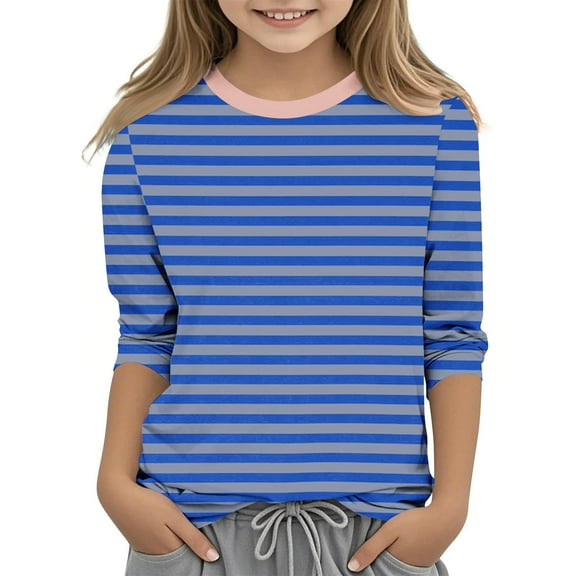 TFEOQRY Children Girls Stripe Blouses Pullover Tops Fashion Solid Color 3/4 Sleeve Round Neck Top Shirt