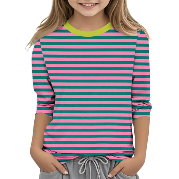 TFEOQRY Children Girls Stripe Blouses Pullover Tops Fashion Solid Color 3/4 Sleeve Round Neck Top Shirt