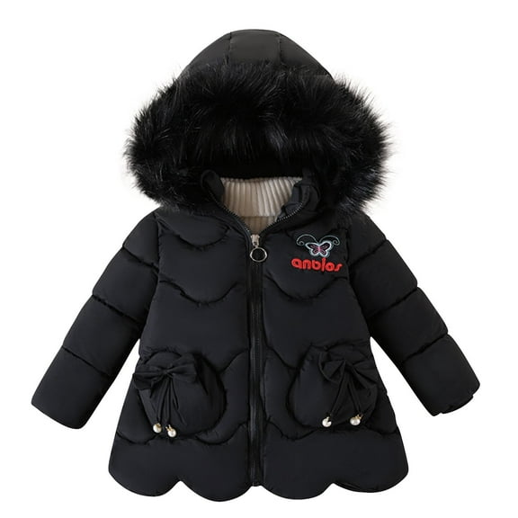 TFEOQRY Children Girls' Winter Fashion Parkas Padded Coats Thick Solid Color Cotton Clothes Detachable Hat Mid To Long Length Coat Black