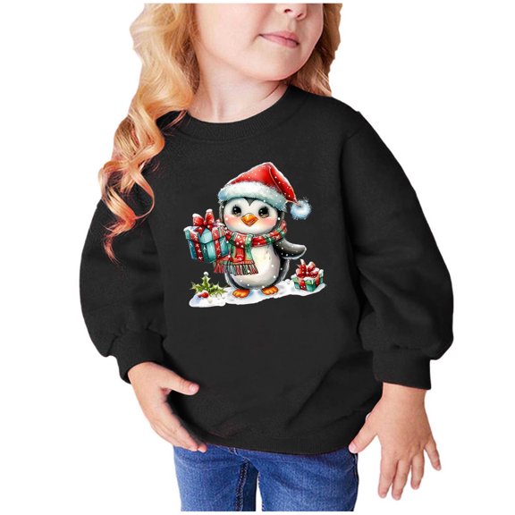 TFEOQRY Children Girls and Boys Long Sleeve Hoodless Christmas Sweatshirts Penguin Christmas Hat Printing Sweatshirt Black