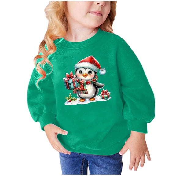 TFEOQRY Children Girls and Boys Long Sleeve Hoodless Christmas Sweatshirts Penguin Christmas Hat Printing Sweatshirt Green