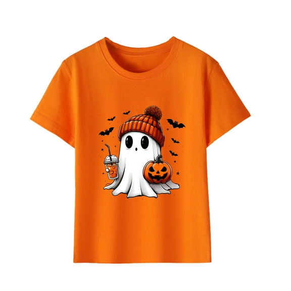 TFEOQRY Children Kids Boys Girls Cotton T-shirts Halloween Ghost Print T-shirt Fashion Cute Round Neck Print Short Sleeve Top Orange