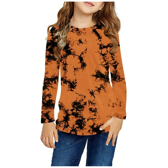 TFEOQRY Children girls pullover Long Sleeve Prints Shirts Cute Crewnecks Tops Dressy Casual Blouses Clothes Orange