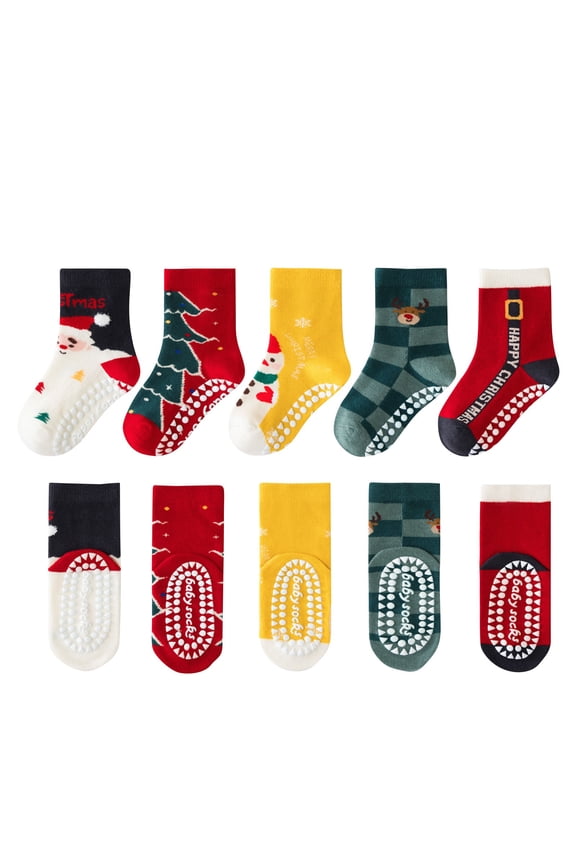 Children's 5 Pairs of Christmas Socks Reindeer Snowman Printed Non Slip Baby Socks Red