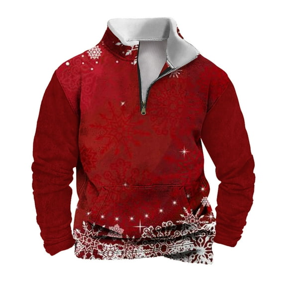 TFEOQRY Christmas Hoodless Pullover Sweatshirt for Men Casual Christmas Snowflake Print Half Zip Top Pullover Long Sleeve Tops Sweatshirt Red-1