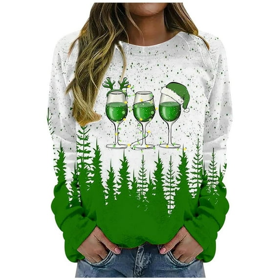 TFEOQRY Christmas Hoodless Sweatshirts for Women Fashion Loose Casual Christmas Related Printed Pullover Long Sleeve Round Neck Sweatshirts Green-1