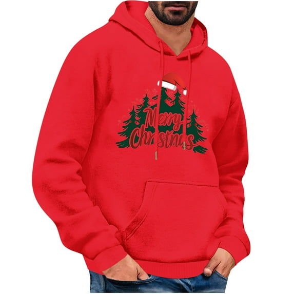 TFEOQRY Christmas Pullover Sweatshirt for Men Casual Christmas Hat Printed Drawstring Hoodies Long Sleeve Hooded Sweatshirt Red-6