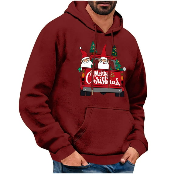 TFEOQRY Christmas Pullover Sweatshirt for Men Christmas Hat Printed Drawstring Hoodies Long Sleeve Hooded Sweatshirt Burgundy-4