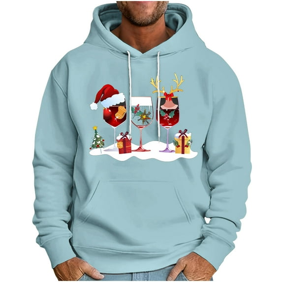 TFEOQRY Christmas Pullover Sweatshirt for Men Christmas Hat Printed Drawstring Hoodies Long Sleeve Hooded Sweatshirt Light Blue