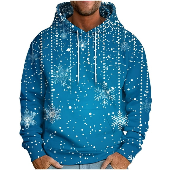 TFEOQRY Christmas Pullover Sweatshirt for Men Christmas Snowflake Print Drawstring Hoodies Top Long Sleeve Hooded Sweatshirt Sky Blue