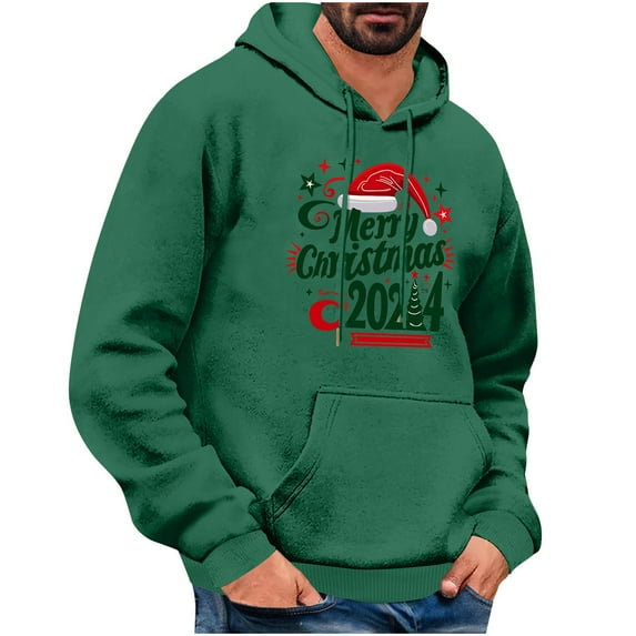 TFEOQRY Christmas Sweatshirt Pullover for Men Casual Christmas Hat Printed Drawstring Hoodies Top Long Sleeve Hooded Sweatshirt Green-9