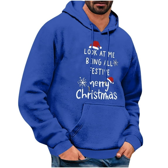 TFEOQRY Christmas Sweatshirt Pullover for Men Christmas Hat Printed Drawstring Hoodies Long Sleeve Hooded Sweatshirt Blue-1
