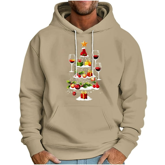 TFEOQRY Christmas Sweatshirt Pullover for Men Christmas Hat Printed Drawstring Hoodies Top Long Sleeve Hooded Sweatshirt Khaki-7