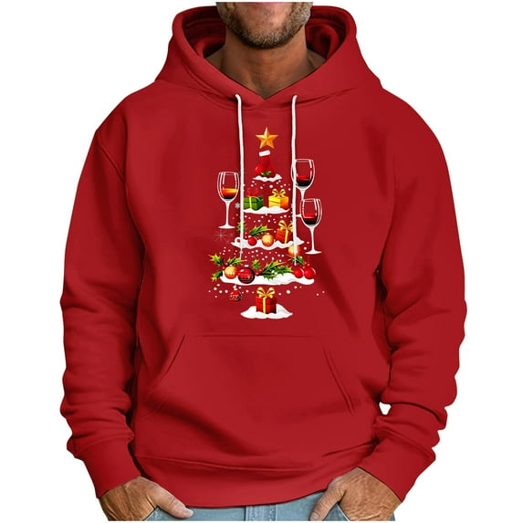TFEOQRY Christmas Sweatshirt Pullover for Men Christmas Hat Printed Drawstring Hoodies Top Long Sleeve Hooded Sweatshirt Red-7