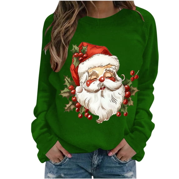TFEOQRY Christmas Wowens Hooded Sweatshirts Fashion Casual Loose Santa Claus Printed Pullover Sweatshirts Round Neck Long Sleeve Sweatshirts Green-10