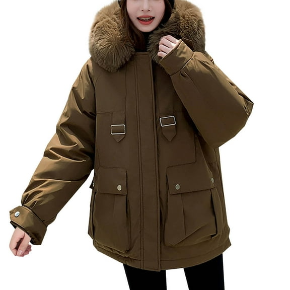 TFEOQRY Fashion Women Cotton Padded Coats Casual Comfortable Long Sleeve Hooded Pocket Drawstring Parkas Coffee